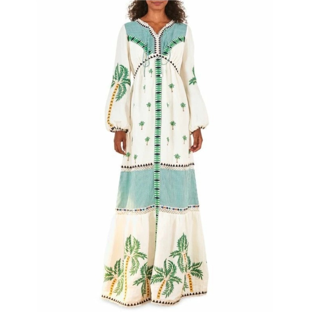 Farm Rio Palm Tree NWT Embroidered Maxi Dress L White Green Gingham Boho Linen - Picture 1 of 16